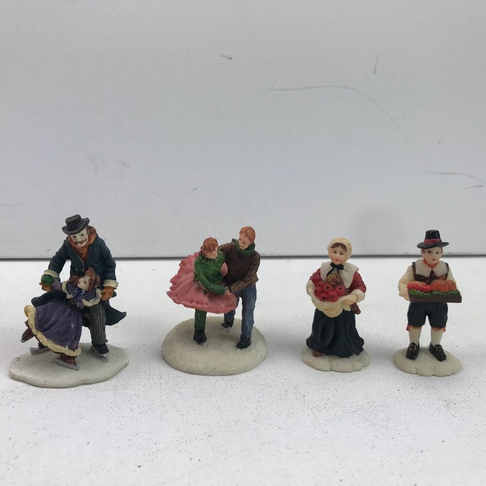 Village People Statues Fall Winter Apples Pumpkins Ice Skating Ceramic
